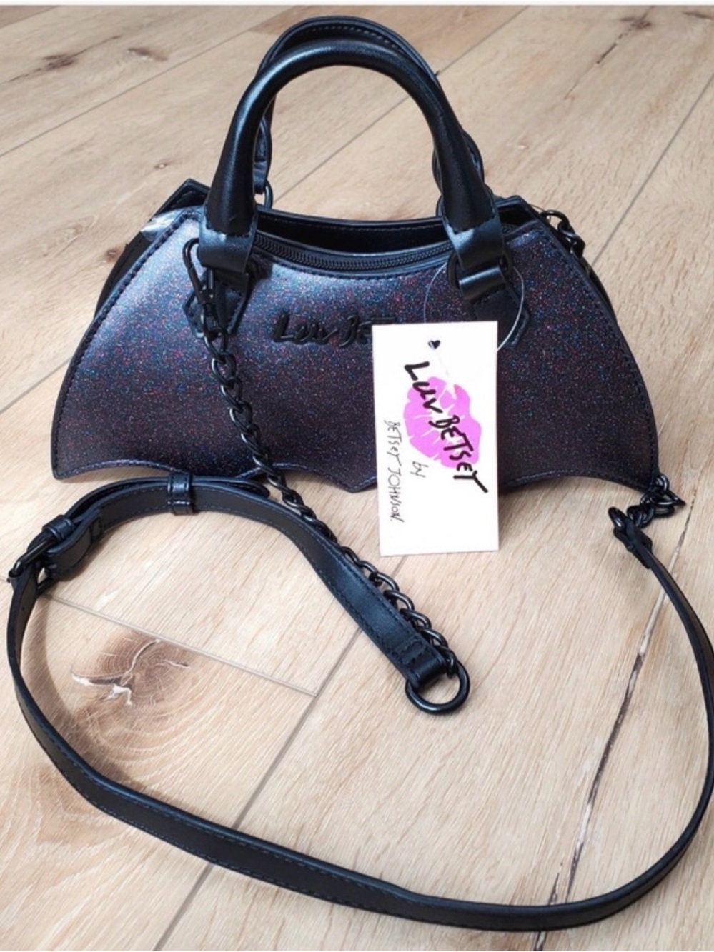 Luv Betsey Glitter Black Bat-Shaped Satchel handbag crossbody